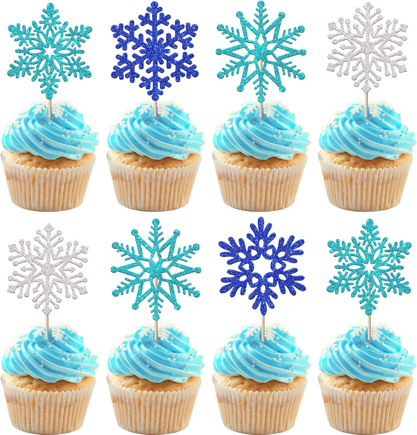 Rsstarxi 30 Pack Snowflake Cupcake Toppers Blue Glitter Winter Frozen Theme Snowflake Cupcake Picks Decorations for Baby Shower Kids Birthday Christmas Party Cake Decorations
