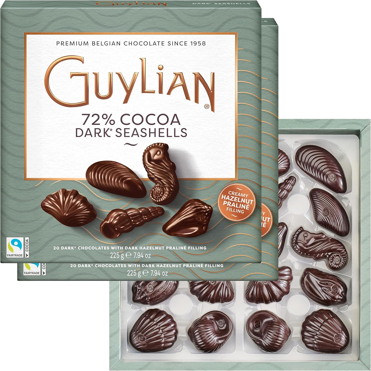 Easter Dark Chocolate Candy Seashells Gift Box by GuyLian, 7.94 oz, 20 pc (Pack of 2) Belgian Dark Praliné 72% Cocoa, Easter Basket Stuffers for Adults, Gifts for Kids