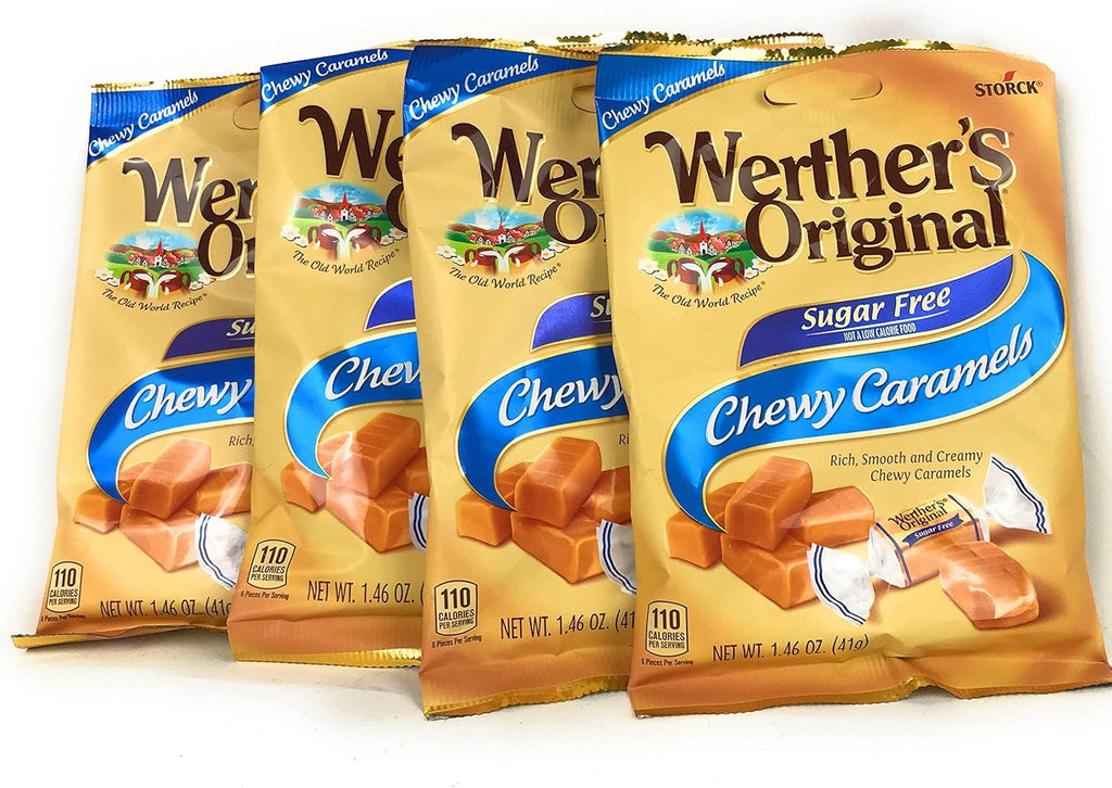 Werther's Original Chewy Caramels Sugar Free Candies - Individually Wrapped Soft & Chewy Candy Pieces, Sweets for Parties or Holidays - 1.46 oz Bag (Pack of 4)