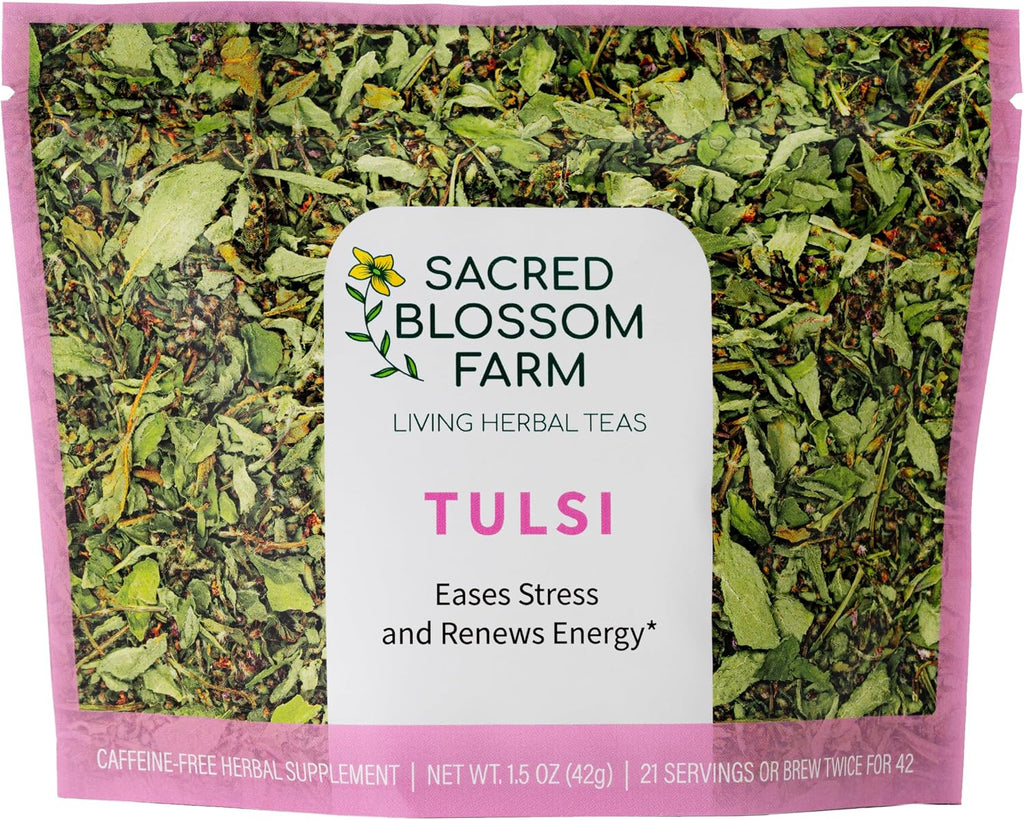 Tulsi Herbal Tea (Holy Basil) | Sacred Blossom Farm | 1.7 oz. Loose Leaf | Ease Stress Renew Enaergy* | Minimally Processed Wisconsin-Grown Medicinal Herbs | Caffeine Free | Handmade in USA