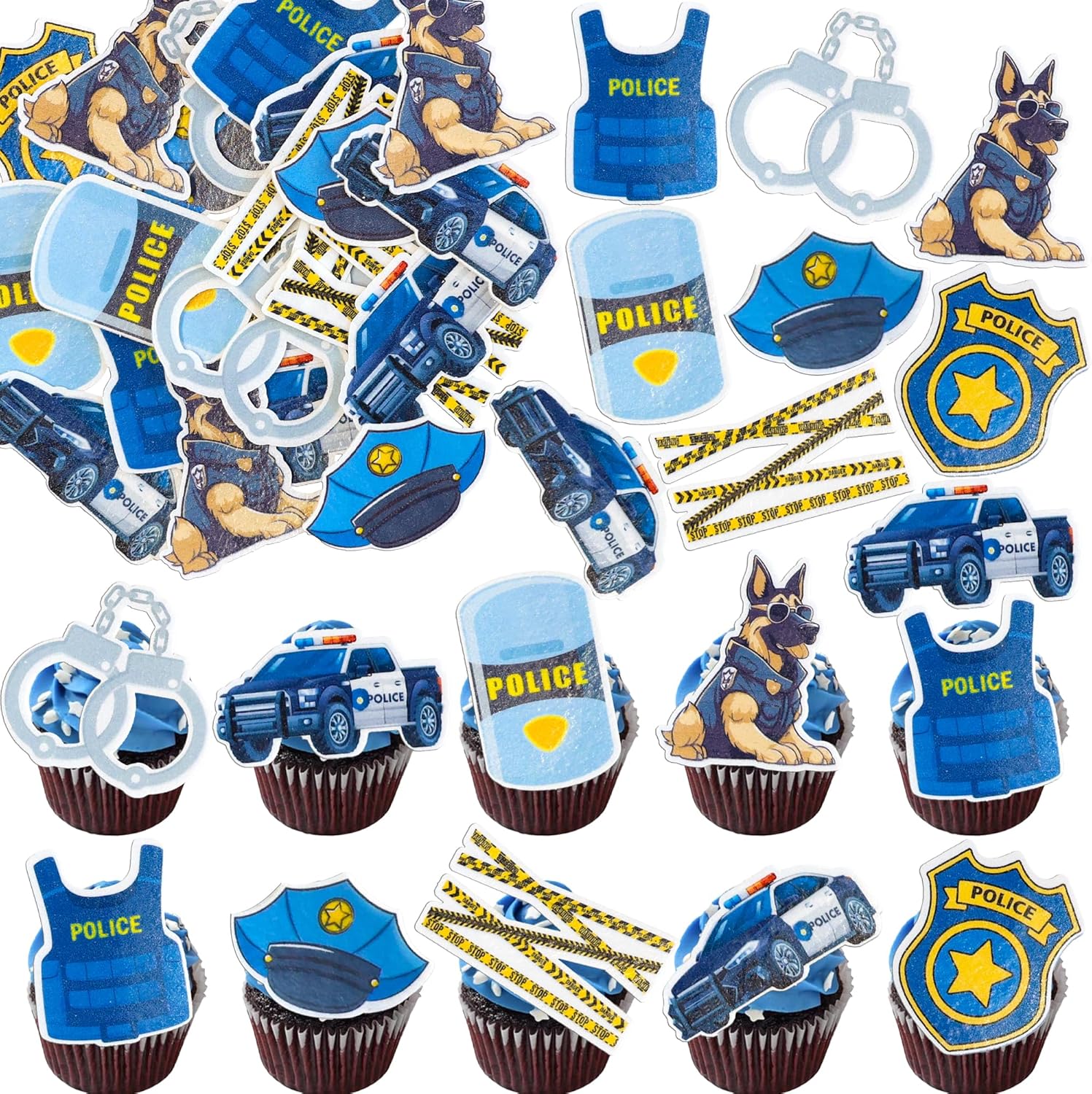 Gyufise 54Pcs Edible Police Cupcake Toppers Wafer Paper Policeman Birthday Cupcake Picks Decorations for Police Emblem Theme Birthday Party Cake Decor Supplies