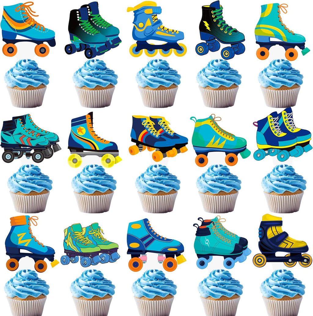 48pcs Roller Skate Cupcake Toppers Roller Skate Birthday Party Decorations for Boys Blue Roller Skating Theme Cupcake Picks for 80s 90s Skate Theme Birthday Party Decor Supplies