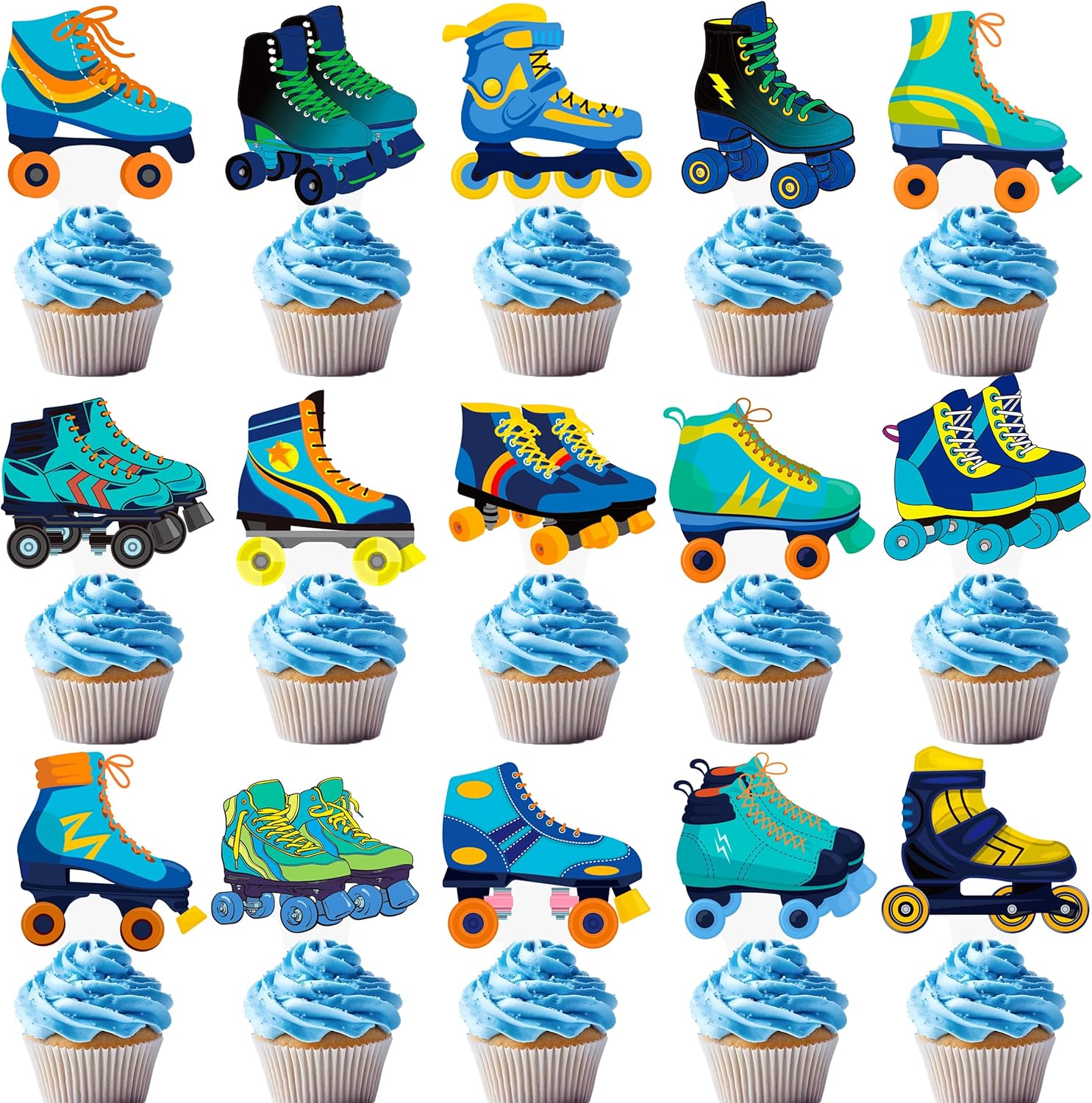 48pcs Roller Skate Cupcake Toppers Roller Skate Birthday Party Decorations for Boys Blue Roller Skating Theme Cupcake Picks for 80s 90s Skate Theme Birthday Party Decor Supplies