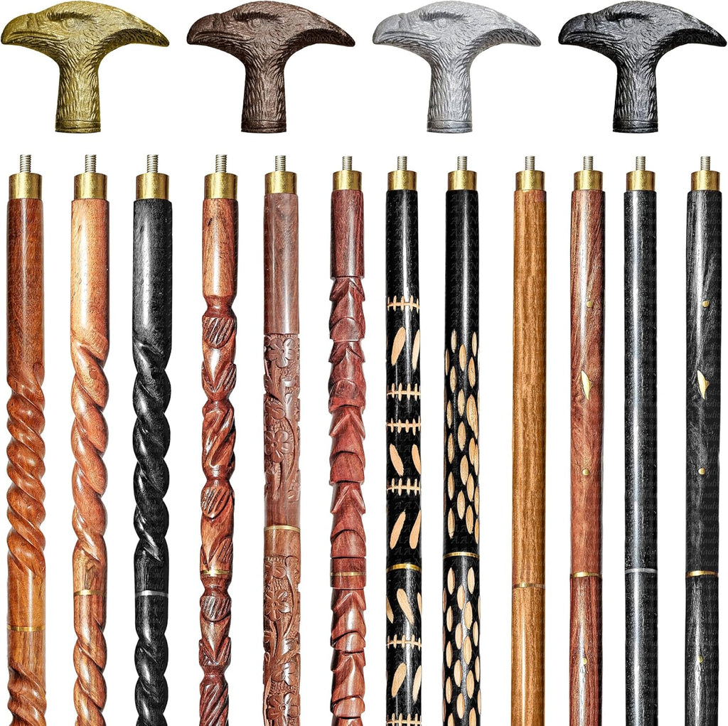 Wood Walking Staff Cane Stick with Hawk Eagle Handle, Rubber Ferrule, Foldable, Adjustable, Custom 31-61 in, AANWS214