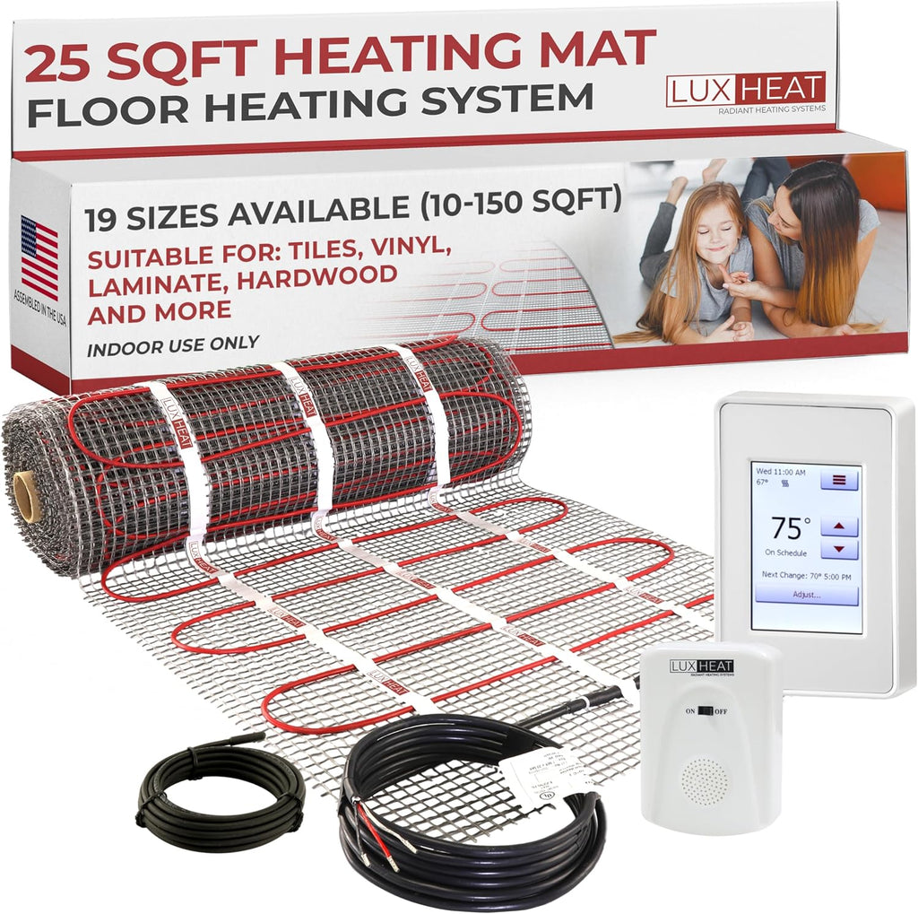LuxHeat 25sqft Floor Heating Mat Kit – 120v Electric Heating Floor System – Radiant Heated Flooring System for Tile & Laminate - Includes UDG4 Programmable Thermostat w/GFCI, Alarm & Sensor