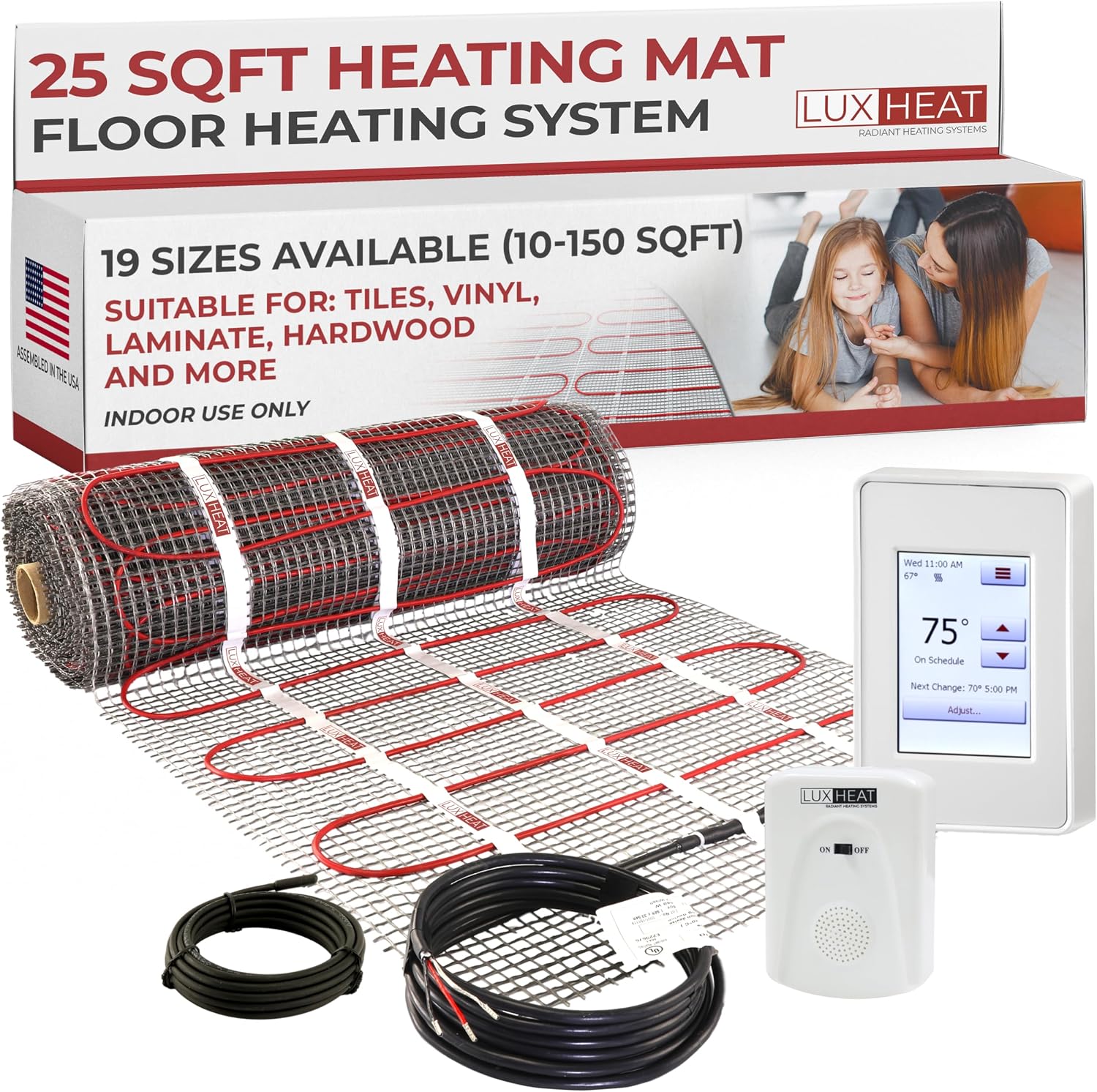 LuxHeat 25sqft Floor Heating Mat Kit – 120v Electric Heating Floor System – Radiant Heated Flooring System for Tile & Laminate - Includes UDG4 Programmable Thermostat w/GFCI, Alarm & Sensor