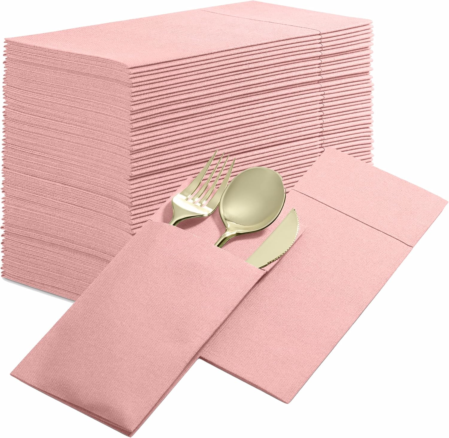 50-Pack Disposable Linen-Feel Dinner Napkins with Built-in Flatware Pocket, PINK Prefolded Cloth Like Paper Napkins For Valentines Day, Baby Shower, Dinner, Wedding Or Party [Silverware NOT Included]