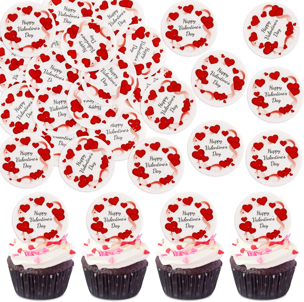 Ercadio 40 Pack Edible Happy Valentine’s Day Cupcake Toppers Edible Red Heart Cupcake Drink Picks for Valentine's Theme Party Cake Decoration Supplies