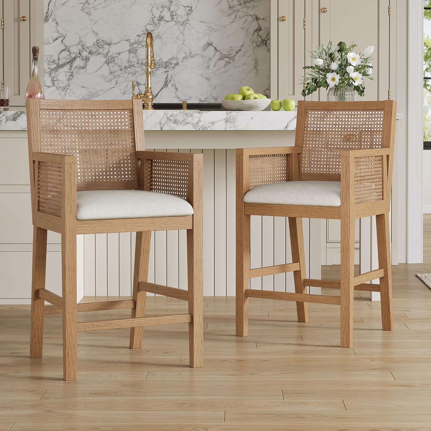 Merax Natural Rattan Counter Stools with Upholstered Cushion Set of 2, 26" Seat Height Counter Chairs with Solid Wood Frame & Handwoven Backrest, French Country Barstools for Kitchen Island, Natural