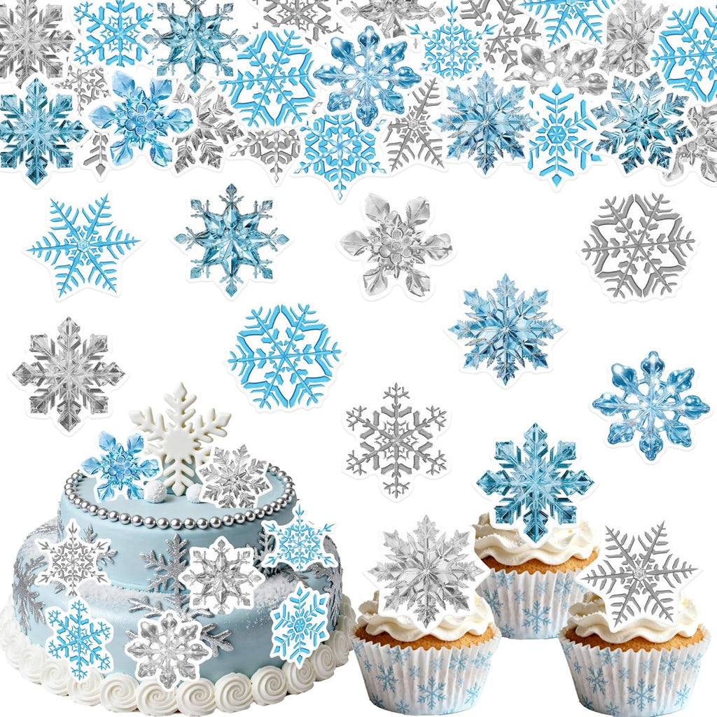 48PCS Edible Snowflake Cupcake Toppers Wafer Paper Snowflake Cupcake Toppers Edible Winter Snows Picks for Frozen Theme Party Decoration Supplies (Crystal Blue Silver)