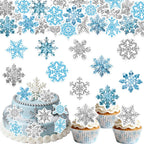 48PCS Edible Snowflake Cupcake Toppers Wafer Paper Snowflake Cupcake Toppers Edible Winter Snows Picks for Frozen Theme Party Decoration Supplies (Crystal Blue Silver)