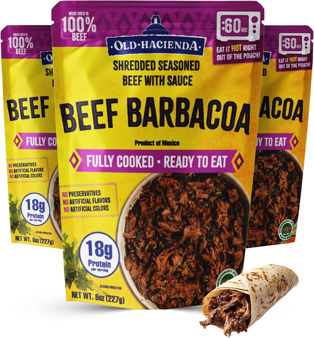 Old Hacienda Beef Barbacoa, | 100% Shredded Seasoned Beef with Sauce | Fully Cooked & Ready to Eat | 18g Protein | No Preservatives, Artificial Flavors or Colors | BPA Free Pouch | Pack of 3 - 8 oz