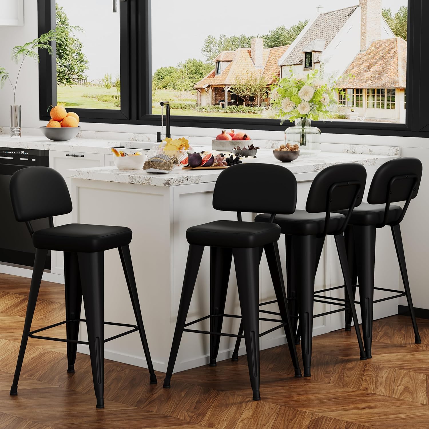 Yongchuang 30" Black Bar Stools Set of 4 PU Leather Bar Height Stools with Back Metal Legs Upholstered Modern Kitchen Island Bar Chairs