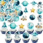 Gyufise 54Pcs Edible Space Astronaut Cupcake Toppers Edible Rice Paper Round Christmas Cake Topper Women Men Birthday Party Anniversary Party Decorations Supplies Blue