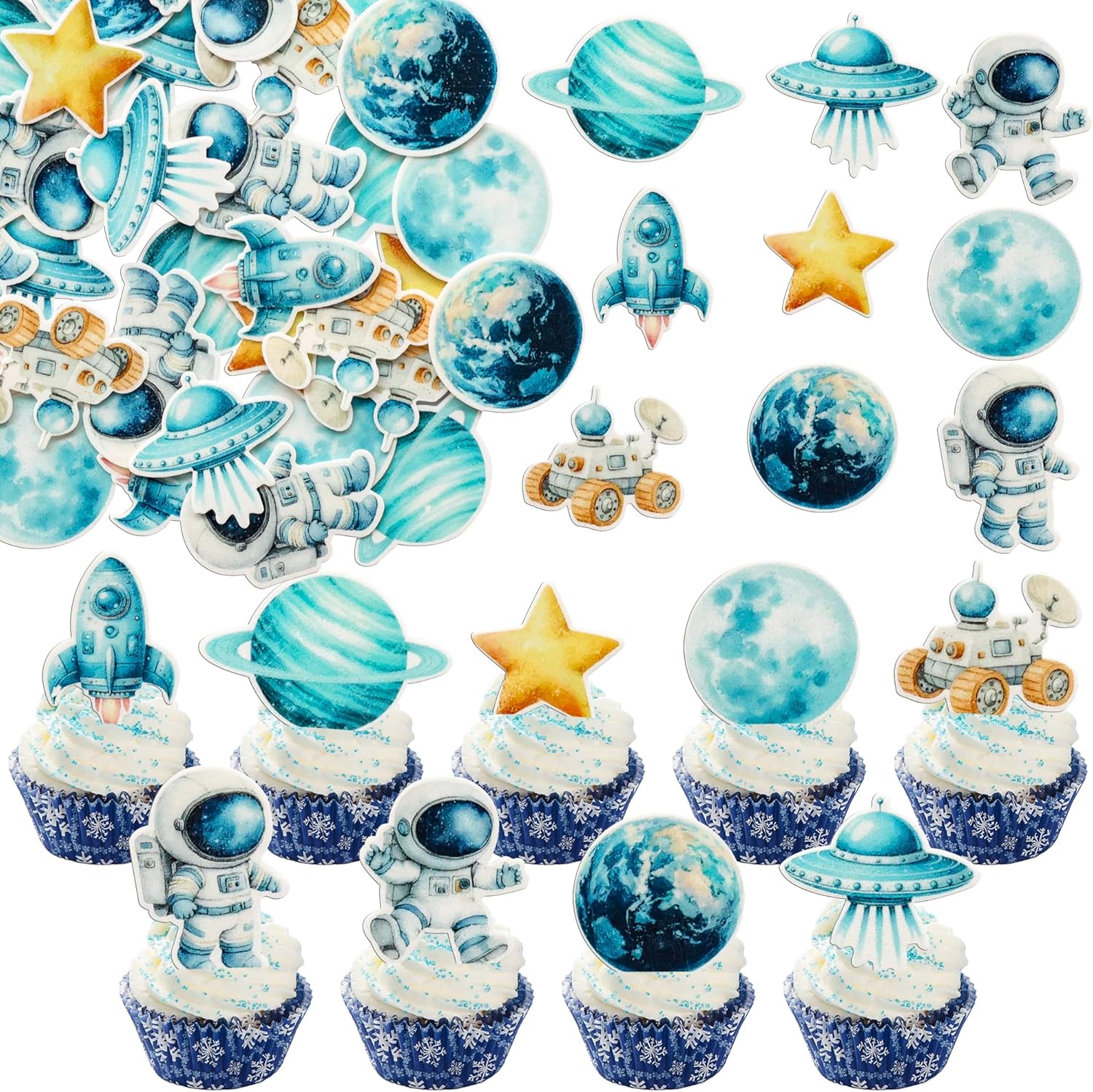 Gyufise 54Pcs Edible Space Astronaut Cupcake Toppers Edible Rice Paper Round Christmas Cake Topper Women Men Birthday Party Anniversary Party Decorations Supplies Blue