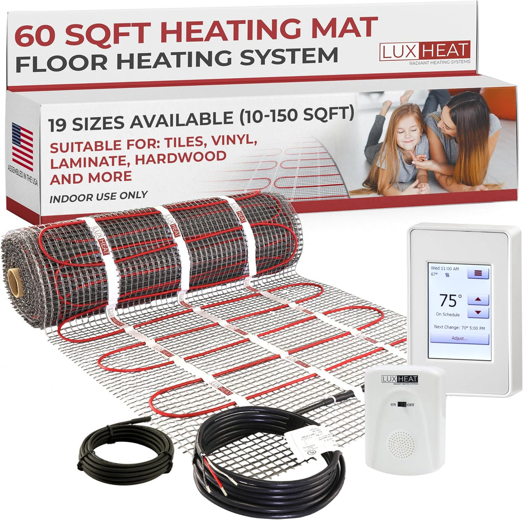 LuxHeat 60sqft Floor Heating Mat Kit – 120v Underfloor Electric Heating System – Radiant Heated Flooring System for Tile & Laminate - Includes UDG4 Programmable Thermostat w/GFCI, Alarm & Sensor