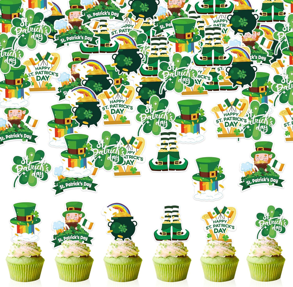 42Pcs Edible St Patrick's Day Cupcake Topper Wafer Paper Lucky Four Leaf Clover Cupcake Toppers Picks for St Patrick's Day Party Irish Holiday Party Decorations