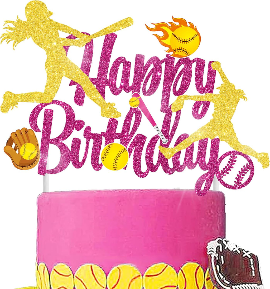 Rose Red Softball Player Birthday Party Cake Topper Decoration for Girls Sports Themed Supplies
