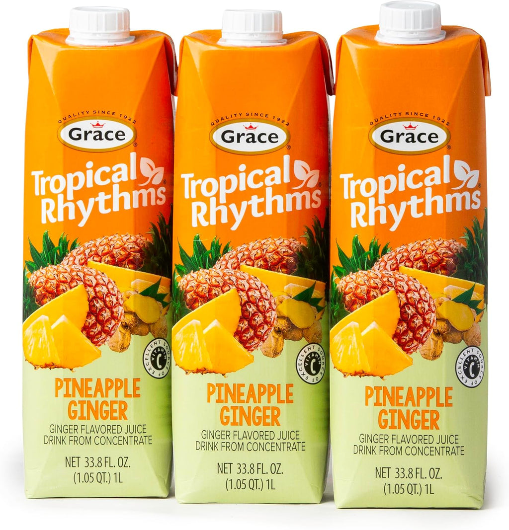 Grace Tropical Rhythms Ginger and Pineapple Juice 1 Liter (33.8oz) - 3 Cartons - Jamaican Fruit Juice