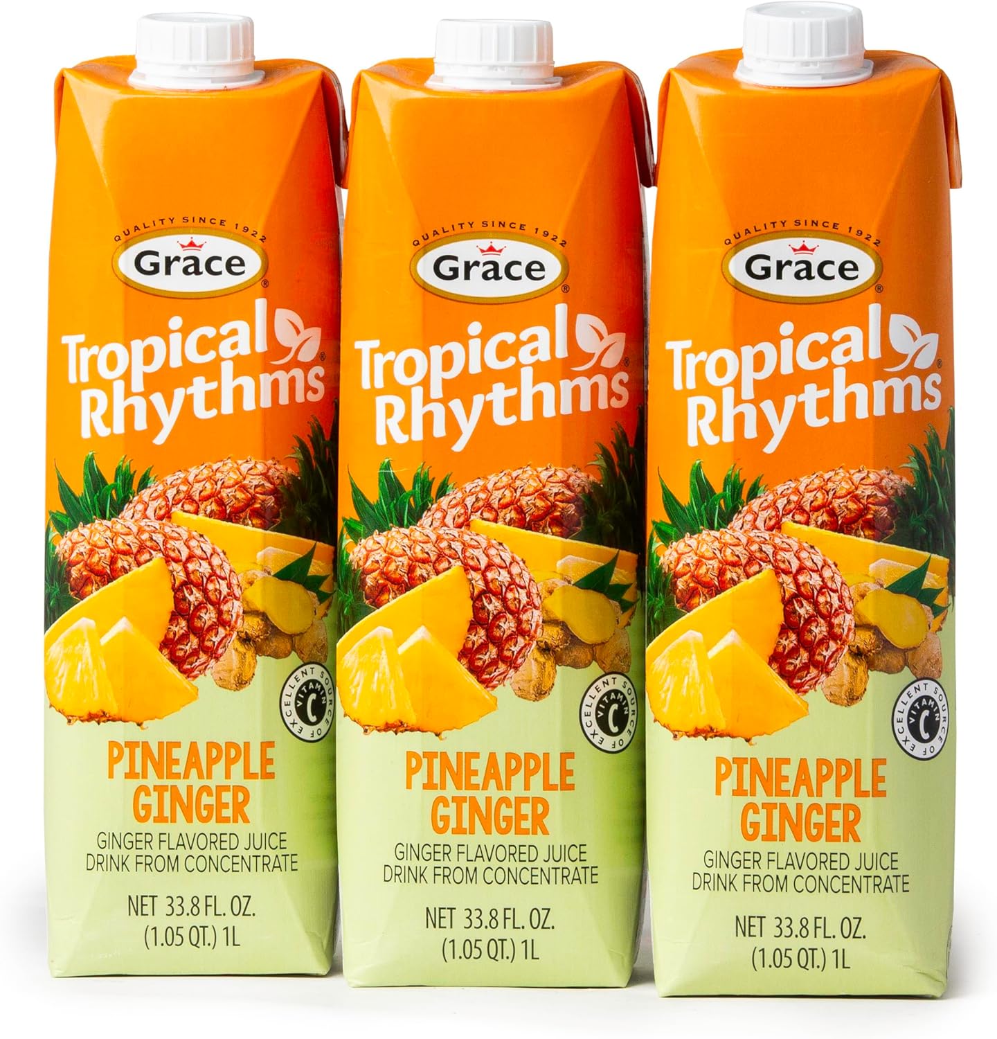 Grace Tropical Rhythms Ginger and Pineapple Juice 1 Liter (33.8oz) - 3 Cartons - Jamaican Fruit Juice