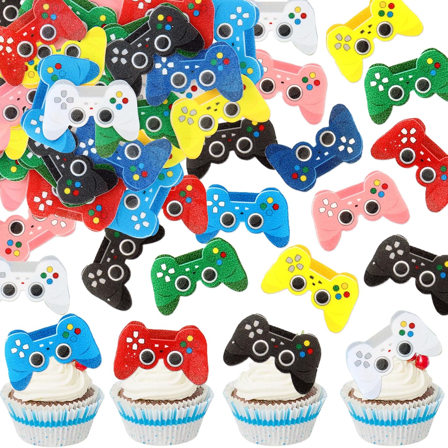 Edible 40PCS Video Game Controllers Cupcake Toppers Wafer Paper Assembled Game On Controllers Cake for Drink Topper Childrens Game Decoration Themed Baby Shower Birthday Party Cake Decoration
