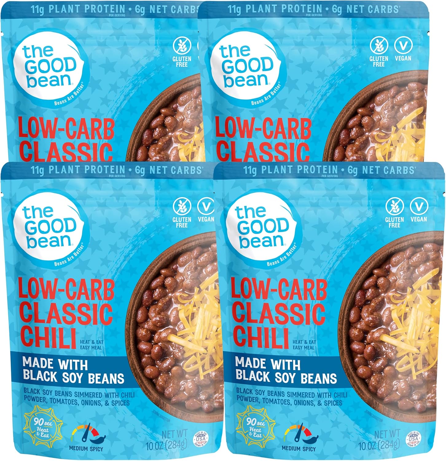 The Good Bean Heat and Eat Pouch - Low-Carb Classic Chili - (4 Pack) 10 oz Pouch - Simmered Black Soybeans with Chili Powder - Pre-Cooked Beans with Good Source of Plant Protein and Fiber