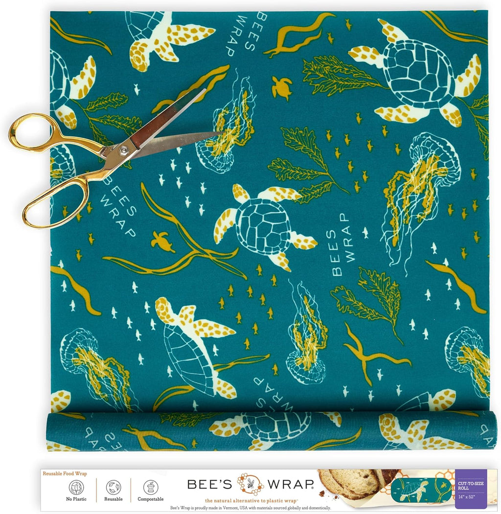 Bee's Wrap Beeswax Wraps for Food - Cut to Size 14x52" Beeswax Wrap Roll - Made in USA Reusable Natural Food Wrap - Ocean
