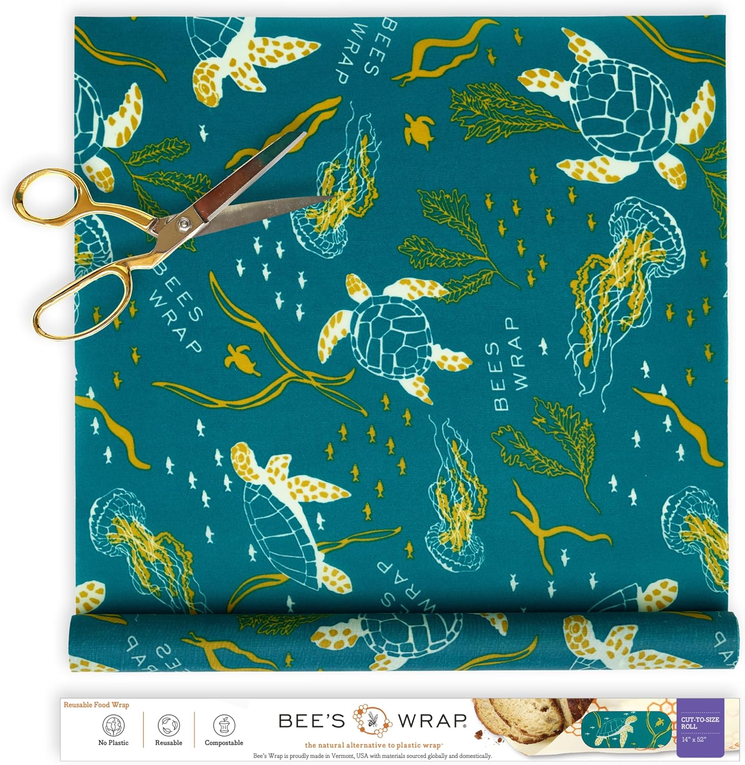 Bee's Wrap Beeswax Wraps for Food - Cut to Size 14x52" Beeswax Wrap Roll - Made in USA Reusable Natural Food Wrap - Ocean