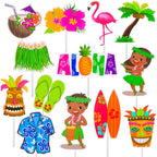32 Pcs Hawaii Aloha Luau Cupcake Toppers Hawaiian Tropical Summer Theme Birthday Party Cake Decorations with Palm Leaves Flamingo Tiki Coconut Pattern