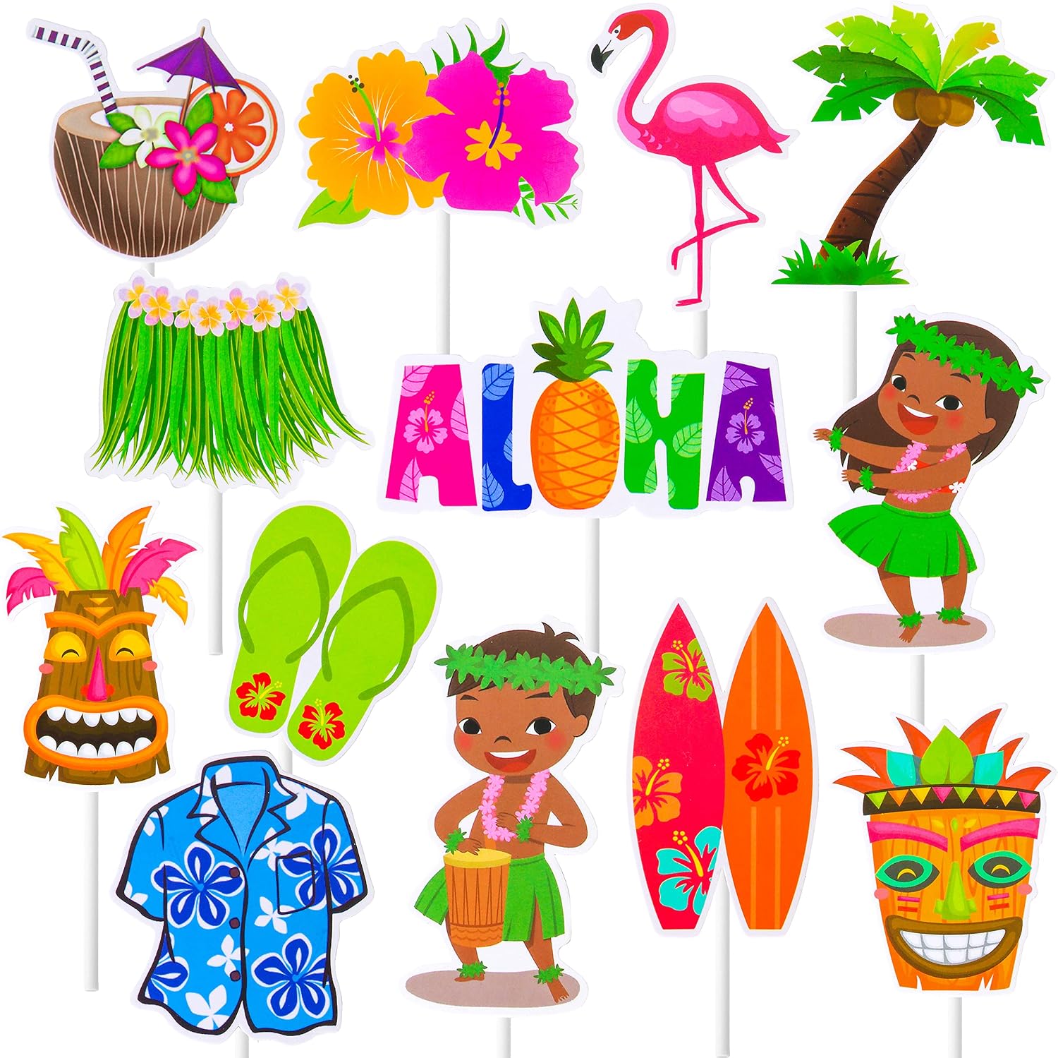 32 Pcs Hawaii Aloha Luau Cupcake Toppers Hawaiian Tropical Summer Theme Birthday Party Cake Decorations with Palm Leaves Flamingo Tiki Coconut Pattern