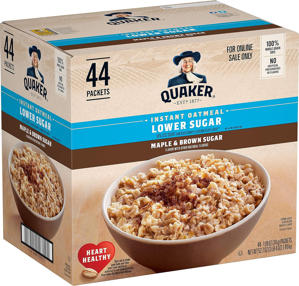 Quaker Instant Oatmeal Lower Sugar, Maple & Brown Sugar, 1.19 Oz, Pack of 44