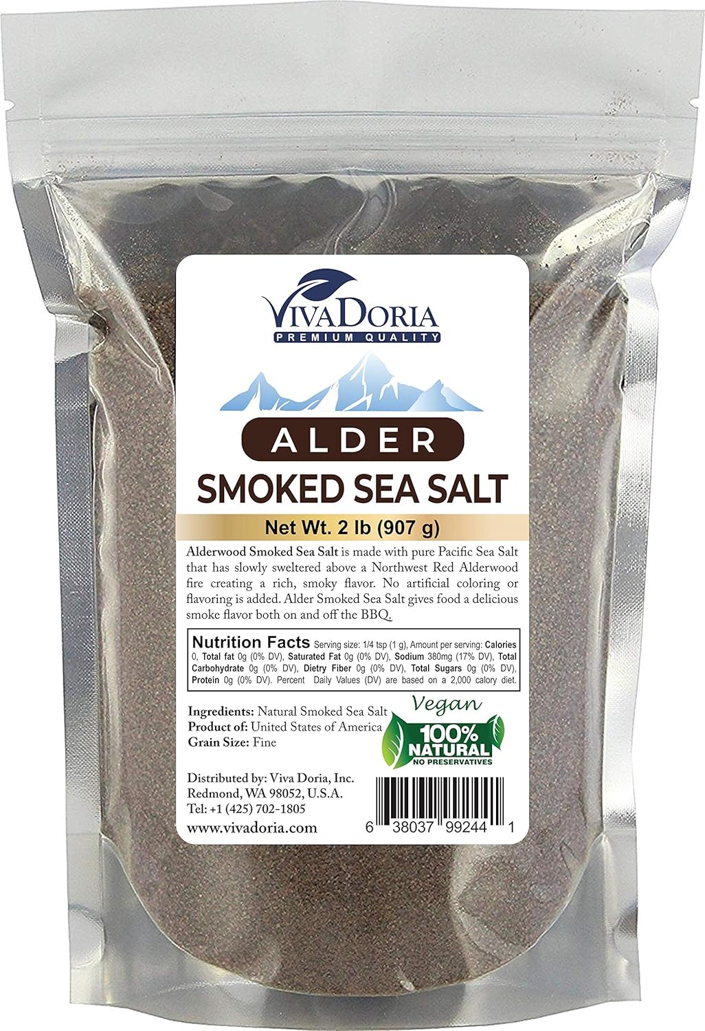Viva Doria Alder Smoked Sea Salt, Alderwood Smoked Salt, Fine Grain (2 lb)