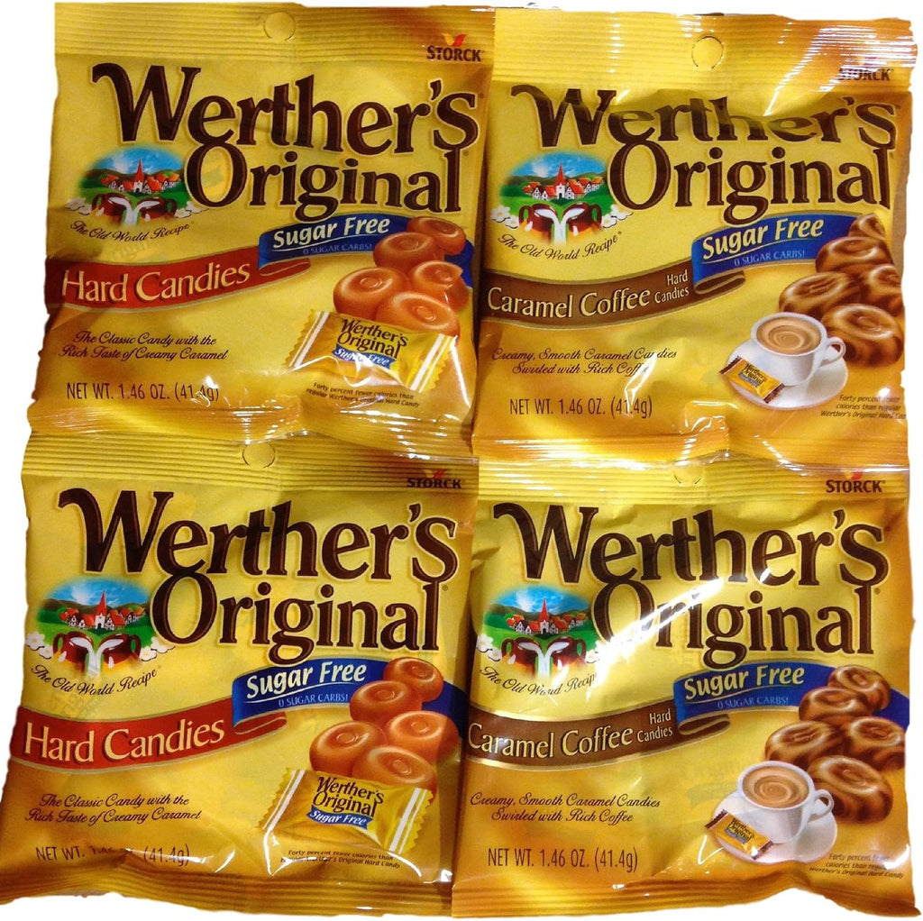 Werther's Original Sugar Free Hard Candies Bundle - Hard Candy & Caramel Coffee Flavored, Individually Wrapped Sugar-Free Treats for Halloween, Parties, or Snacks - Pack of 4 Bags (2 Flavors Each)