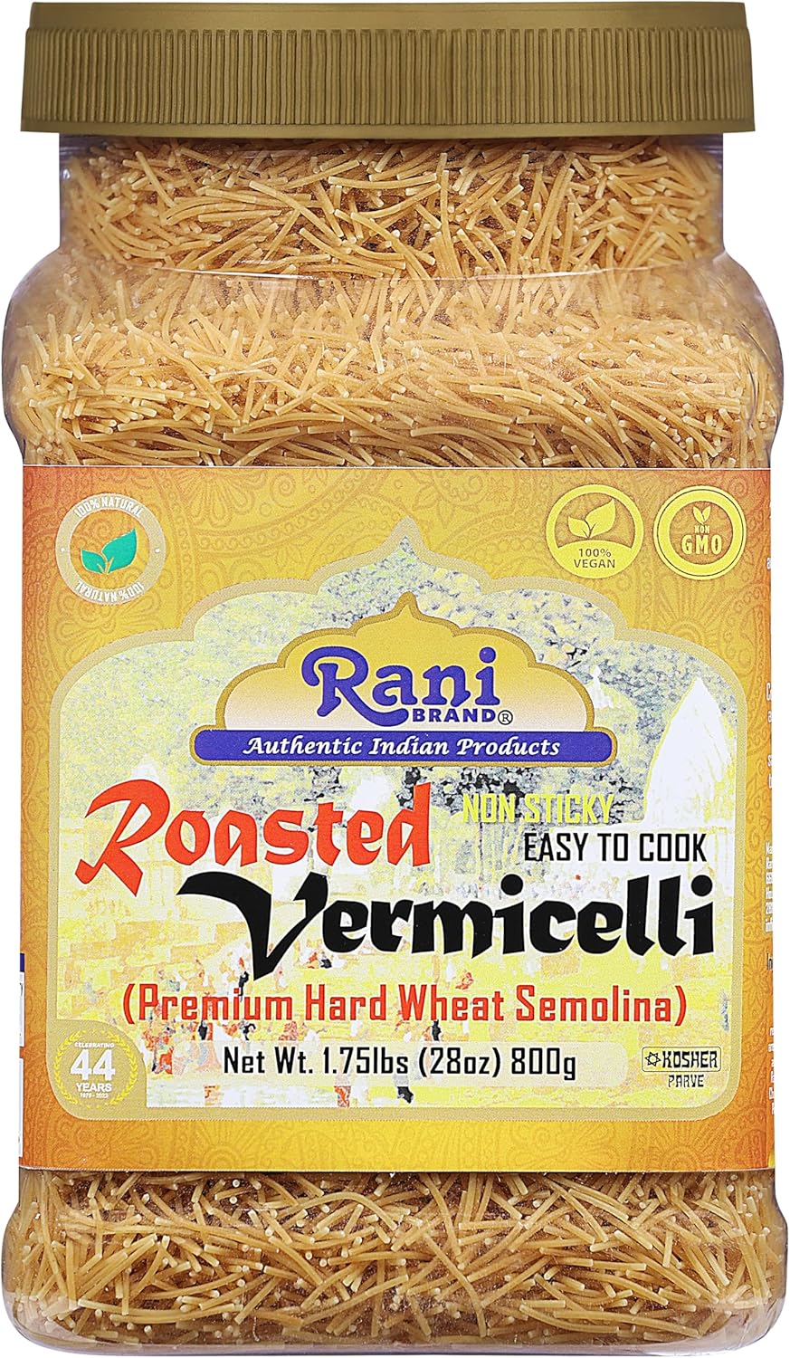 Rani Roasted Vermicelli (Roasted Wheat Noodles) 28oz (1.75lbs) 800g PET Jar ~ All Natural | Vegan | NON-GMO | Indian Origin
