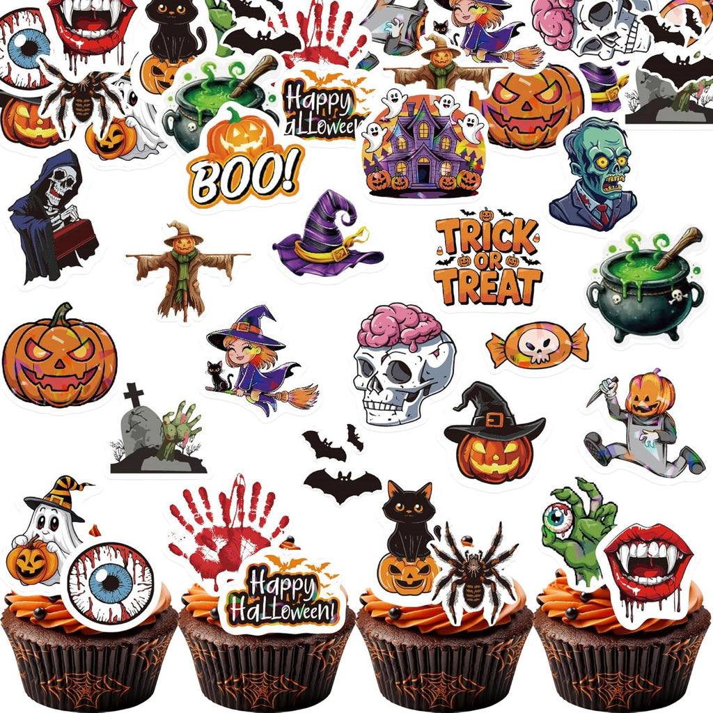 72PCS Edible Halloween Cupcake Toppers Wafer Paper Pumpkin Skull Ghost Cake Decorations Trick or Treat Cupcake Picks for Halloween Theme Party Birthday Decor Supplies