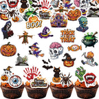 72PCS Edible Halloween Cupcake Toppers Wafer Paper Pumpkin Skull Ghost Cake Decorations Trick or Treat Cupcake Picks for Halloween Theme Party Birthday Decor Supplies