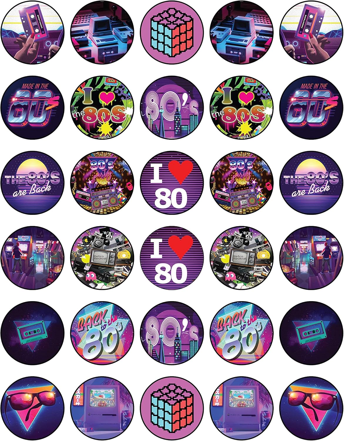 30 x Edible Cupcake Toppers Themed of 80s Retro Collection of Edible Cake Decorations | Uncut Edible on Wafer Sheet