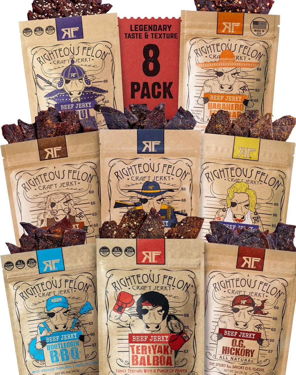 Righteous Felon Beef Jerky Variety Pack | Gluten Free Beef Jerky Snack Packs for Adults | High Protein, Keto-Friendly, Low Sugar | Made with Premium Meats | Beef Jerky Gifts for Men | Sampler 8 Pack