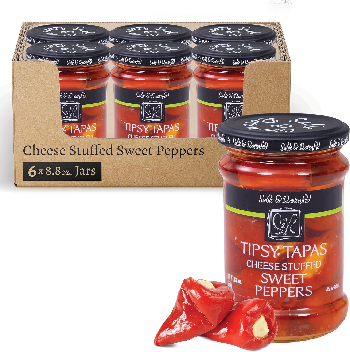Sable & Rosenfeld Tipsy Tapas Cheese Stuffed Sweet Peppers in a Jar 8.8 oz (Pack of 6), Hand-Stuffed with Cream Cheese, Gluten-Free Gourmet Appetizer