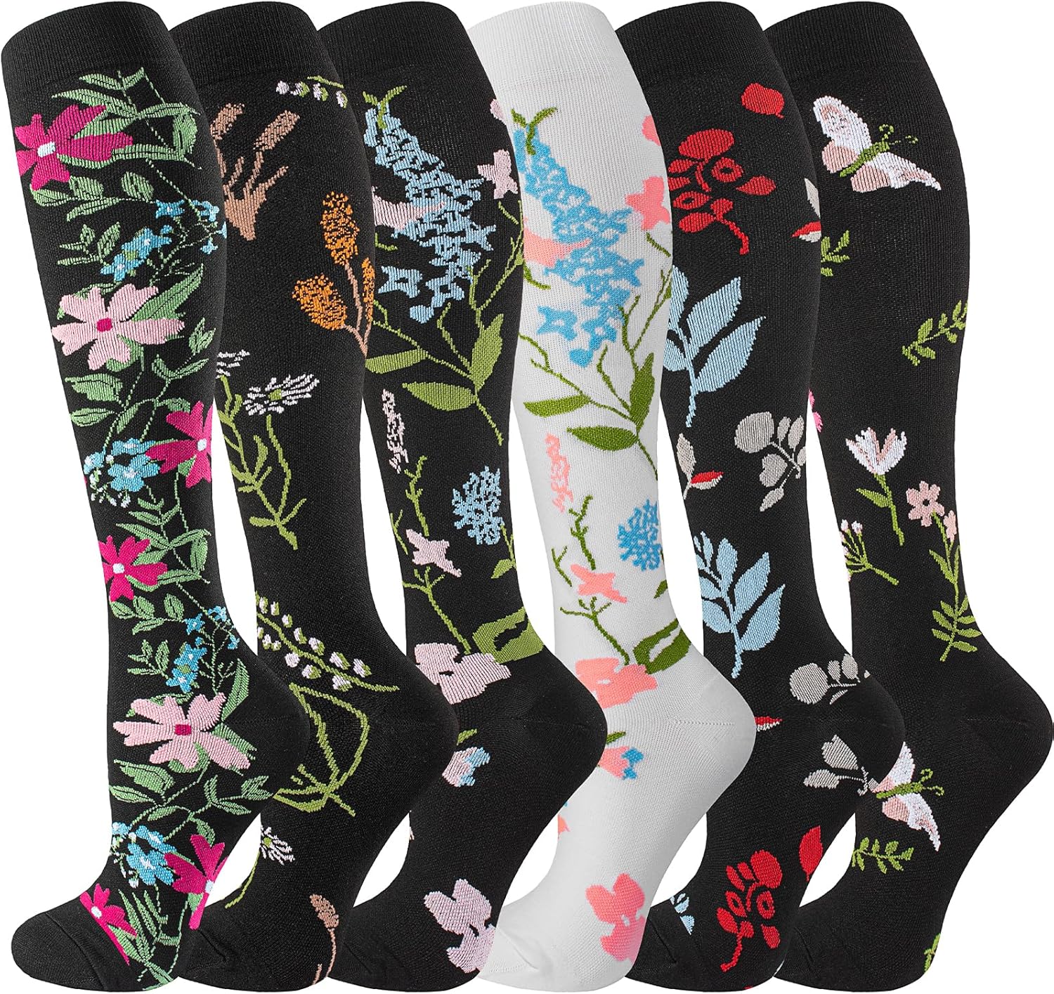 bropite Flora Compression Socks for Women & Men-Knee high 6 Pairs 20-30mmhg Support Running Nurse Travel