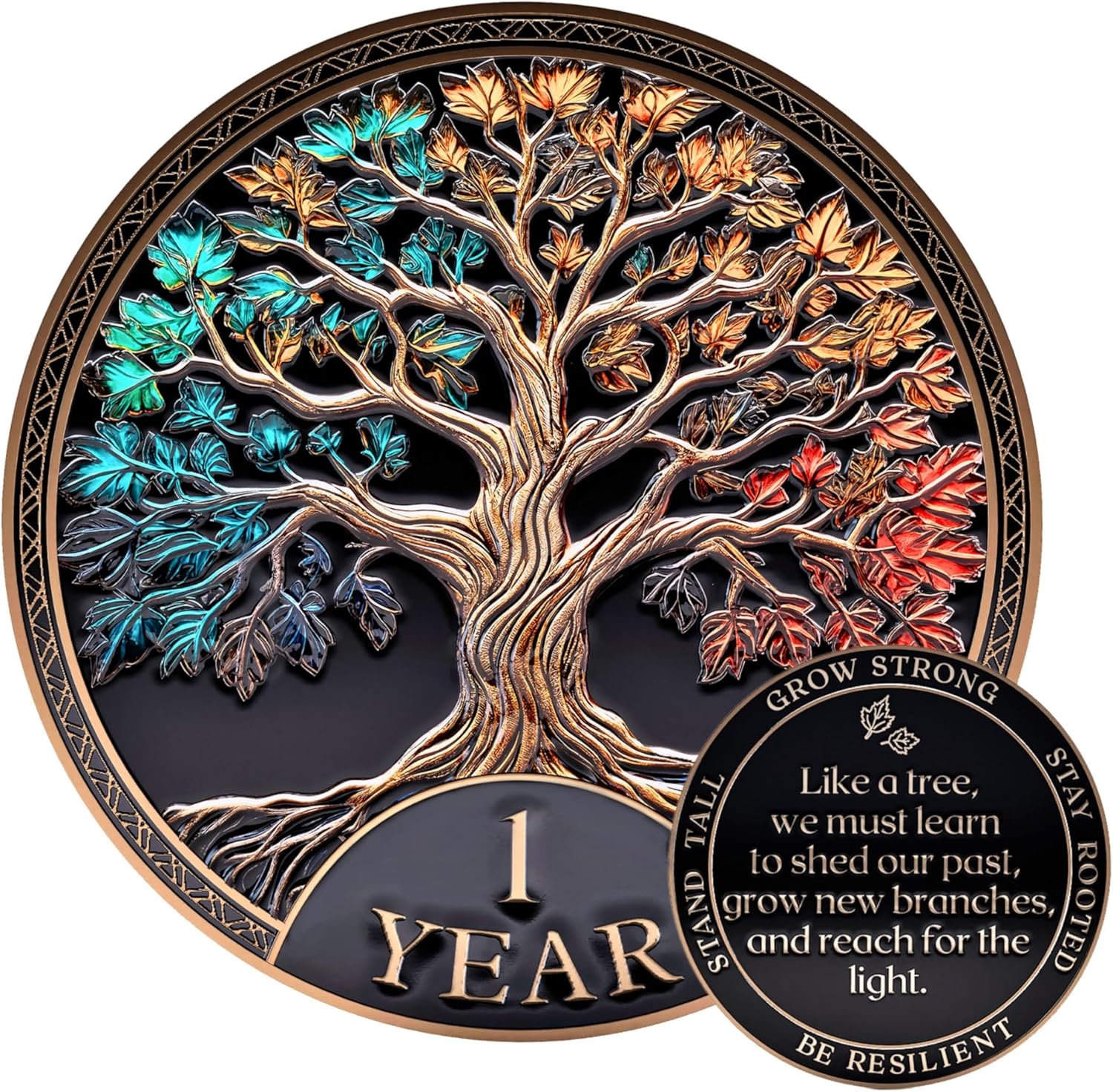 MilestoneMint 1 Year Sobriety Coin Tree of Life Gift Set | Anniversary Sobriety Gifts for Men & Women | AA Coins and Medallions with Token Capsule, Stand & Card | 3D Texture, Recovery AA Chips