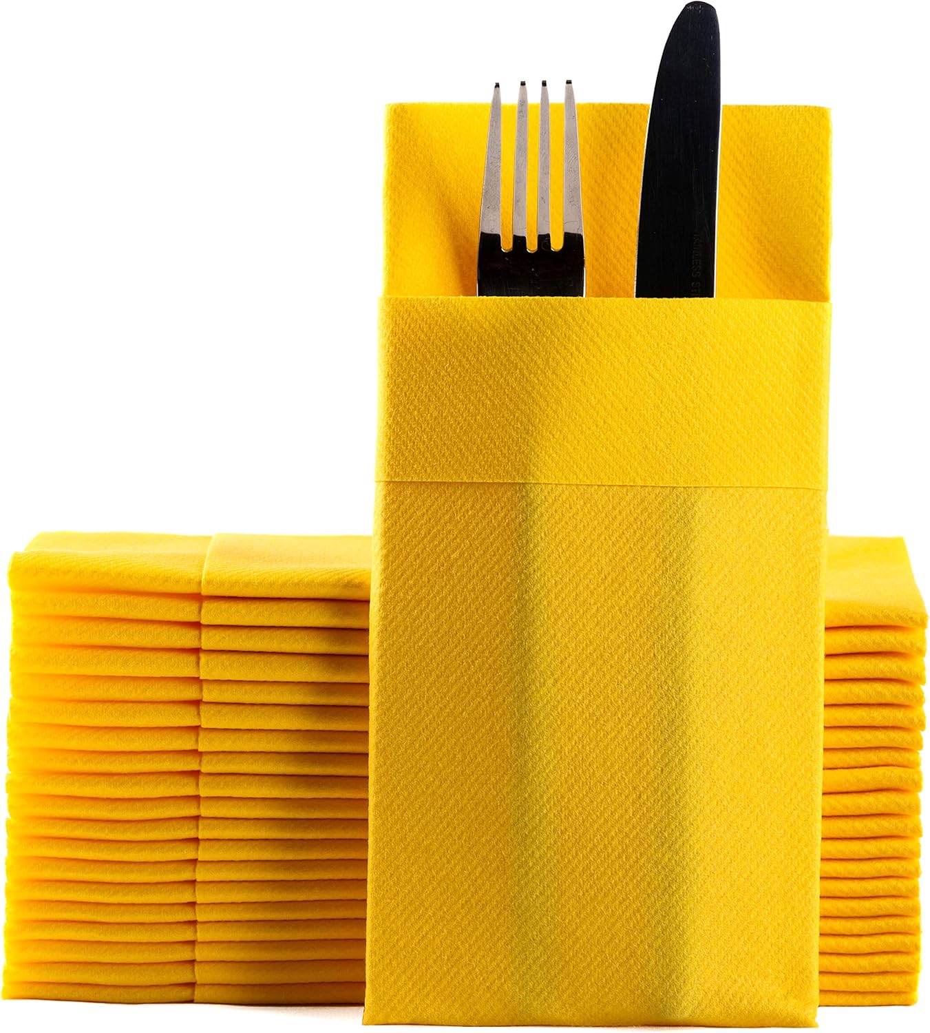 Yellow Dinner Napkins Cloth Like with Built-in Flatware Pocket, Linen-Feel Absorbent Disposable Paper Hand Napkins for Kitchen, Bathroom, Parties, Weddings, Dinners or Events, 1/8 Fold, Pack of 50