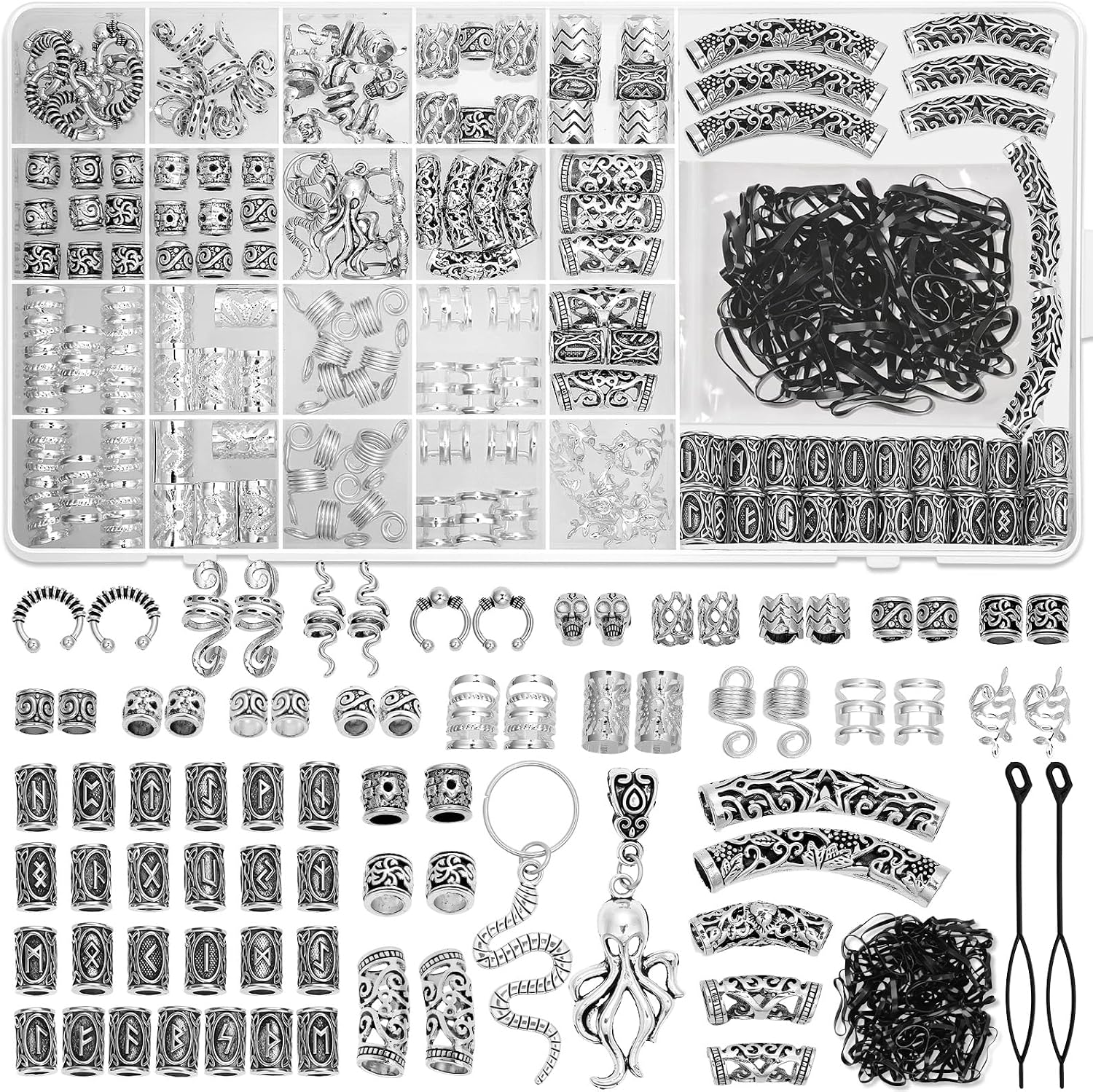 247Pcs Viking Hair Accessories Norse Runes Tube Beads Metal Cuffs Clips Rings, Dreadlock Beads Braids Locs Hair Jewelry Set for Women Men Beard Decoration Bracelets Necklace DIY Silver