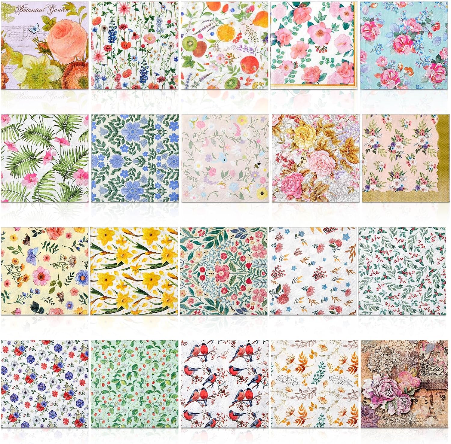 Crtiin 20 Pack Decoupage Napkins Floral Napkins Flower Cocktail Paper Decorative Toilet for Valentine's Day Birthday Party Beautiful Gorgeous, 20 Styles Each 6.5 Inches(Style 2)