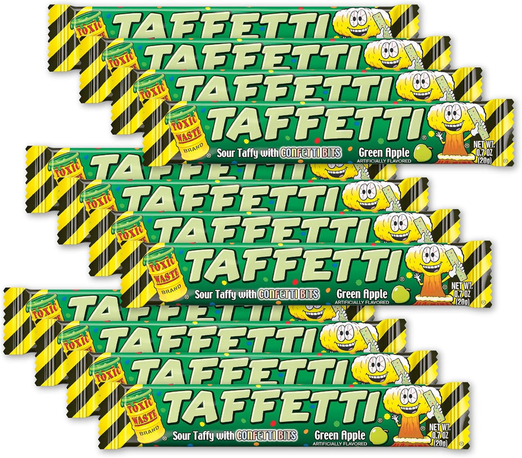 TOXIC WASTE - TAFFETTI - Green Apple Sour Taffy with Crunchy Confetti Bits – Extreme Sour Chewy Candy – Novelty Fun Snack for Kids & Adults – 2.5 oz