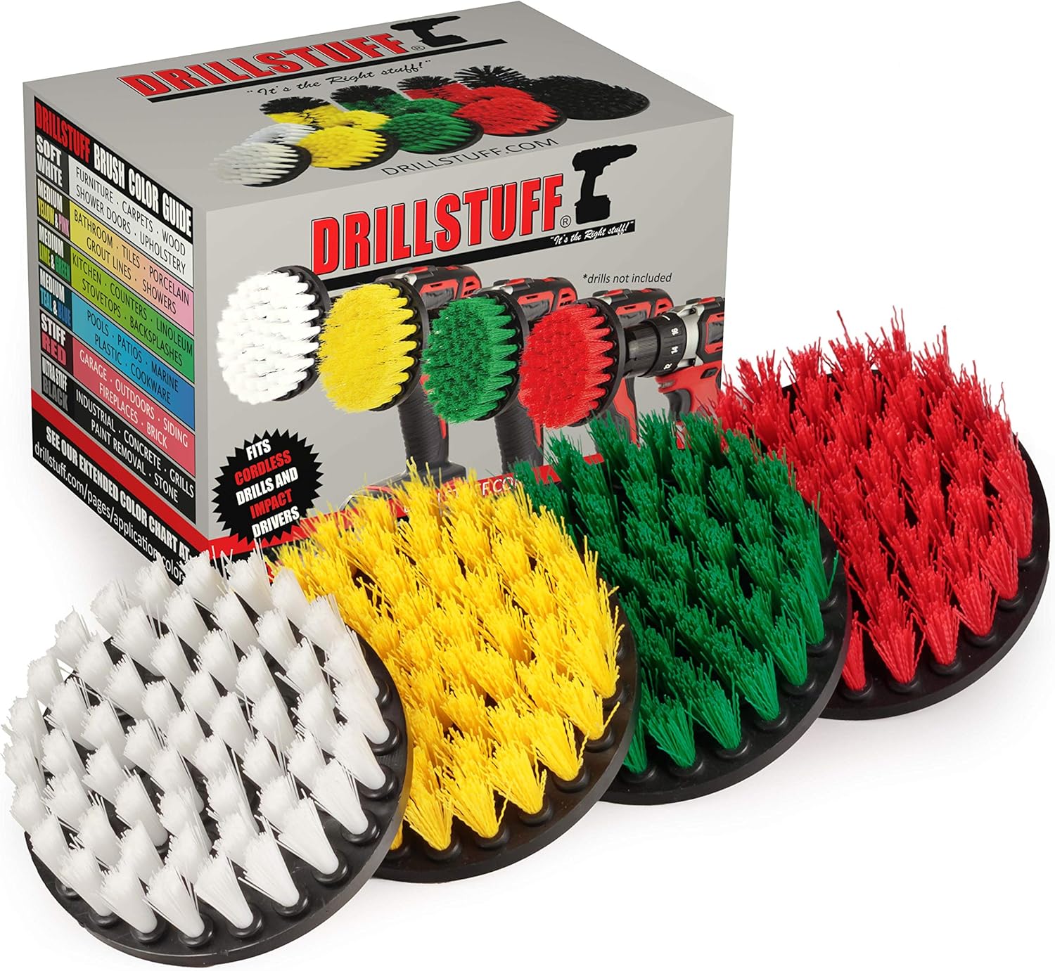 Drill Brush Attachment Power Scrubber Brush Set - 4in 4 Piece Soft, Medium and Stiff Power Scrubbing Brushes Drill Attachment – Spin Brushes for Cleaning Showers, Tubs, Bathroom, Tile, Grout, Carpet