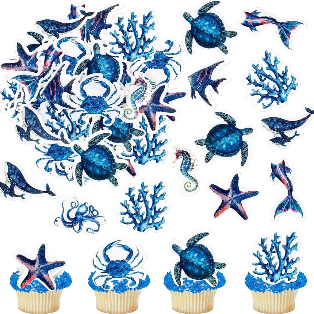 45PCS Edible Deep Sea Animals Cupcake Topper Edible Starfish Octopus Crab Jellyfish Dolphin Starfish Seahorse Cupcake Picks for Royal Blue Baby Shower Under the Sea Birthday Party Decorations