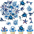 45PCS Edible Deep Sea Animals Cupcake Topper Edible Starfish Octopus Crab Jellyfish Dolphin Starfish Seahorse Cupcake Picks for Royal Blue Baby Shower Under the Sea Birthday Party Decorations