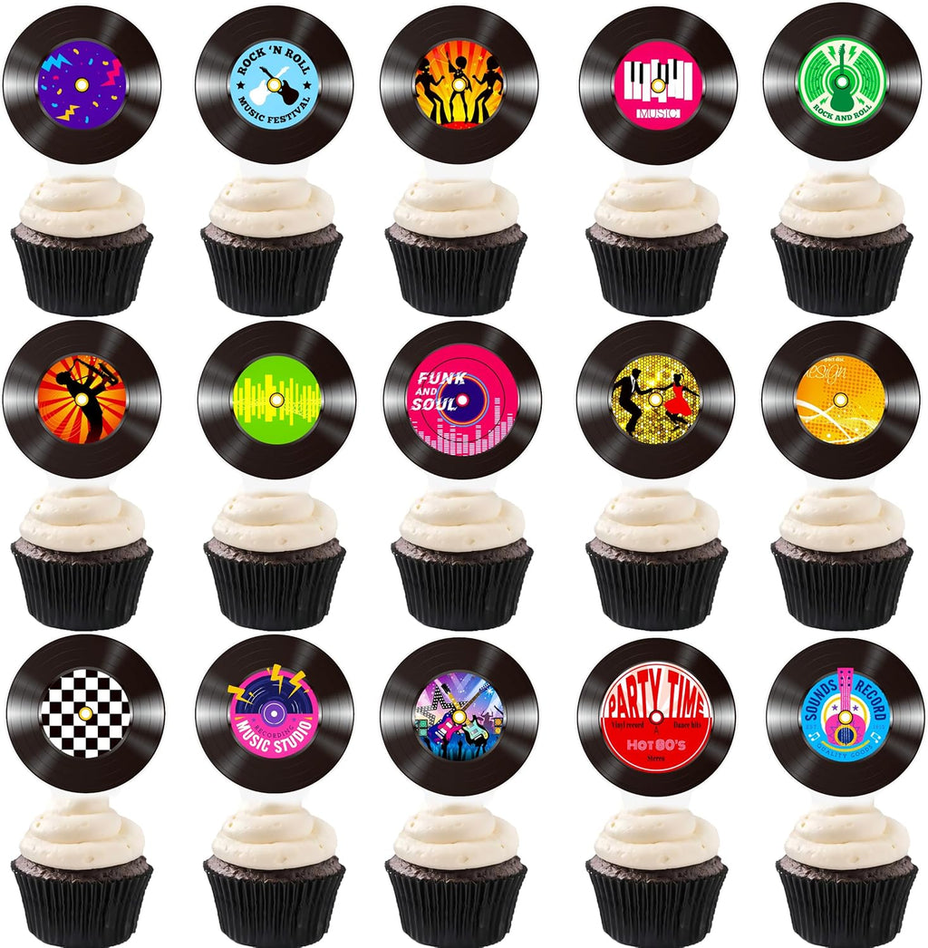 48pcs Vinyl Records Theme Cucpcake Toppers for Rock and Roll Party Decorations Retro Vinyl Record Cutout Cupcake Picks Rock Music Dj Party Decorations for 50s 70s 90s Style Birthday Supplies
