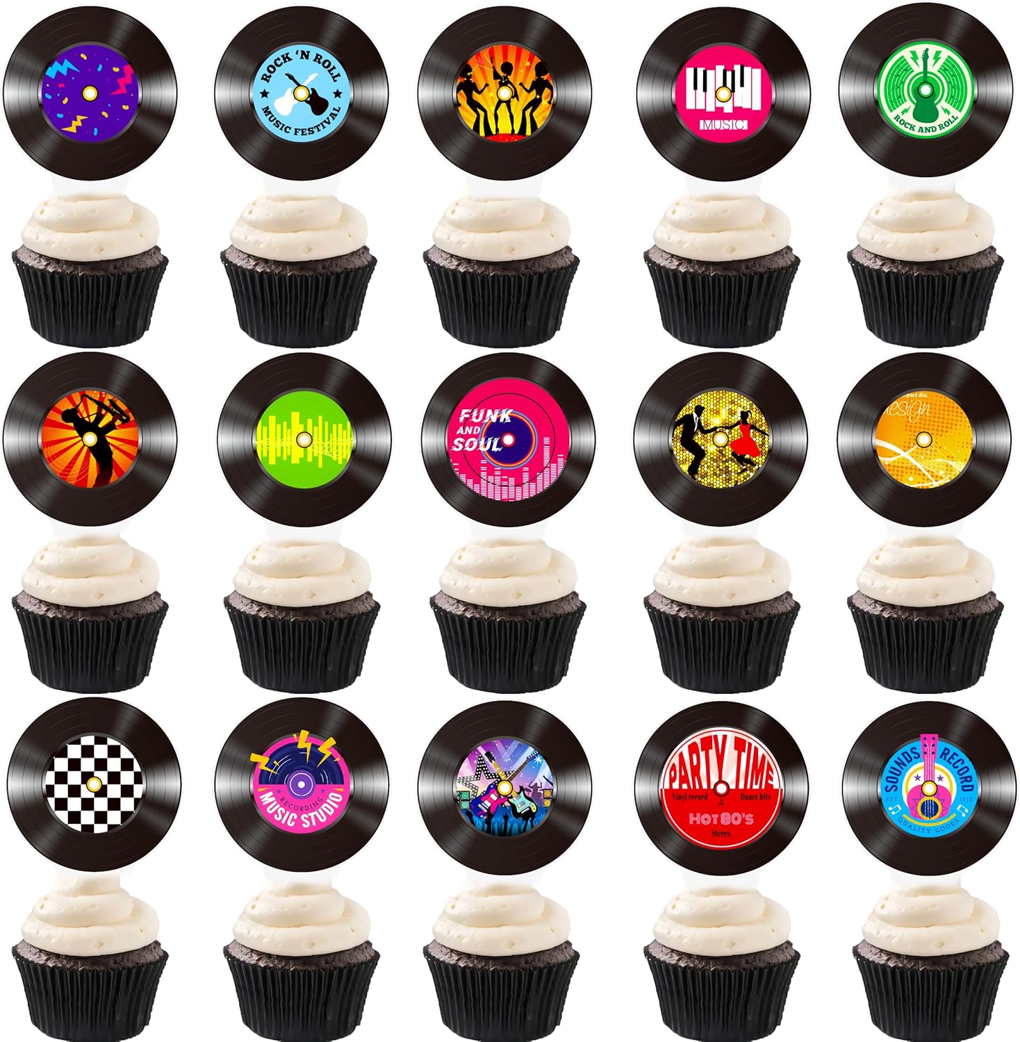 48pcs Vinyl Records Theme Cucpcake Toppers for Rock and Roll Party Decorations Retro Vinyl Record Cutout Cupcake Picks Rock Music Dj Party Decorations for 50s 70s 90s Style Birthday Supplies